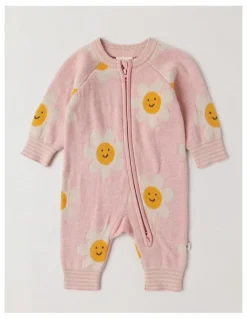 Jack & Milly Naturals Newborn Billie Double Knit Daisy Jacquard Coverall in Pink