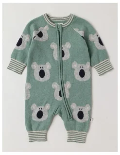 Jack & Milly Naturals Newborn Billie Double Knit Koala Jacquard Coverall in Green