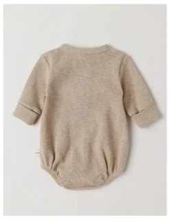 Jack & Milly Naturals Newborn Dusty Waffle Bodysuit with Embroidery in Light Brown