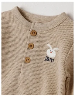 Jack & Milly Naturals Newborn Dusty Waffle Bodysuit with Embroidery in Light Brown