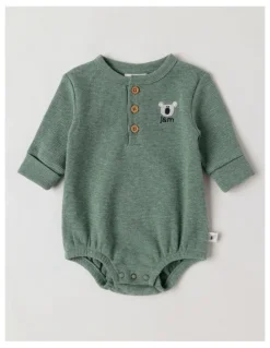 Jack & Milly Naturals Newborn Dusty Waffle Bodysuit with Embroidery in Green