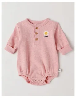 Jack & Milly Naturals Newborn Dusty Waffle Bodysuit with Embroidery in Pink