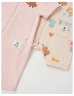 Jack & Milly Naturals River 2 Pack Romper Set with Echidna Embroidery in Pink