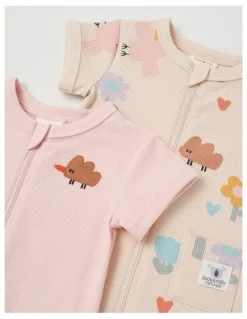 Jack & Milly Naturals River 2 Pack Romper Set with Echidna Embroidery in Pink