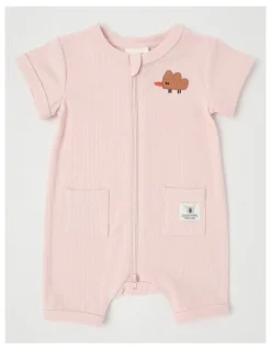 Jack & Milly Naturals River 2 Pack Romper Set with Echidna Embroidery in Pink