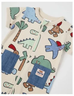 Jack & Milly Noah Zip Front Romper with Chambray Pockets in Oatmeal
