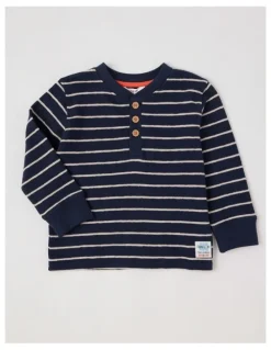 Jack & Milly Percy Striped Textured Cotton Henley Tee in Navy