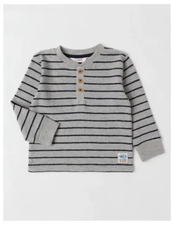 Jack & Milly Percy Striped Textured Cotton Henley Tee in Grey