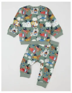 Jack & Milly Ricky Fleece Tracksuit Set with Best In Show Print in Sage