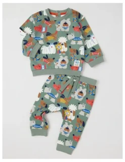 Jack & Milly Ricky Fleece Tracksuit Set with Best In Show Print in Sage