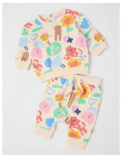 Jack & Milly Ricky Fleece Tracksuit Set with In My Garden Print in Oat Marle