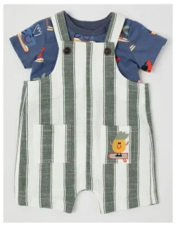 Jack & Milly Roy Striped Overall & Tee Set in Surfarama Print in Green