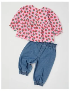 Jack & Milly Scout Strawberry Print Top and Denim Pant Set in Pink