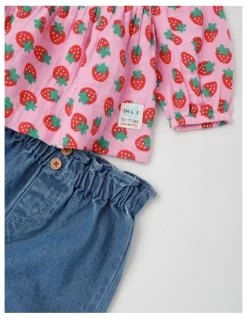 Jack & Milly Scout Strawberry Print Top and Denim Pant Set in Pink