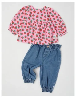 Jack & Milly Scout Strawberry Print Top and Denim Pant Set in Pink