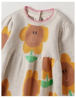 Jack & Milly Sunny Double Knit Sunflower Jacquard Dress and Scallop Edges in Oatmeal