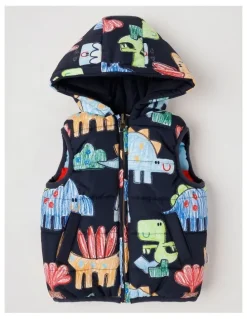 Jack & Milly Sydney Reversible Recycled Puffer Vest with Sketchy Dino Print