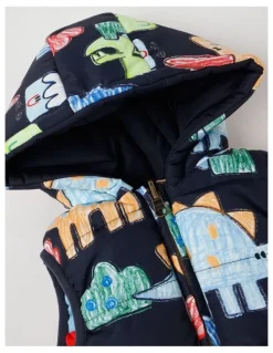 Jack & Milly Sydney Reversible Recycled Puffer Vest with Sketchy Dino Print