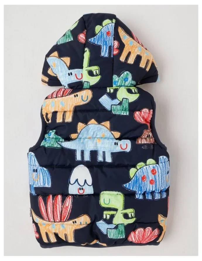 Jack & Milly Sydney Reversible Recycled Puffer Vest with Sketchy Dino Print