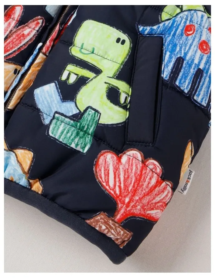 Jack & Milly Sydney Reversible Recycled Puffer Vest with Sketchy Dino Print