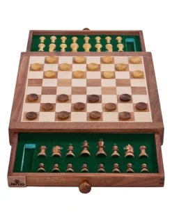 Jenjo Portable Carved Sheesham Chess And Checker Board Set