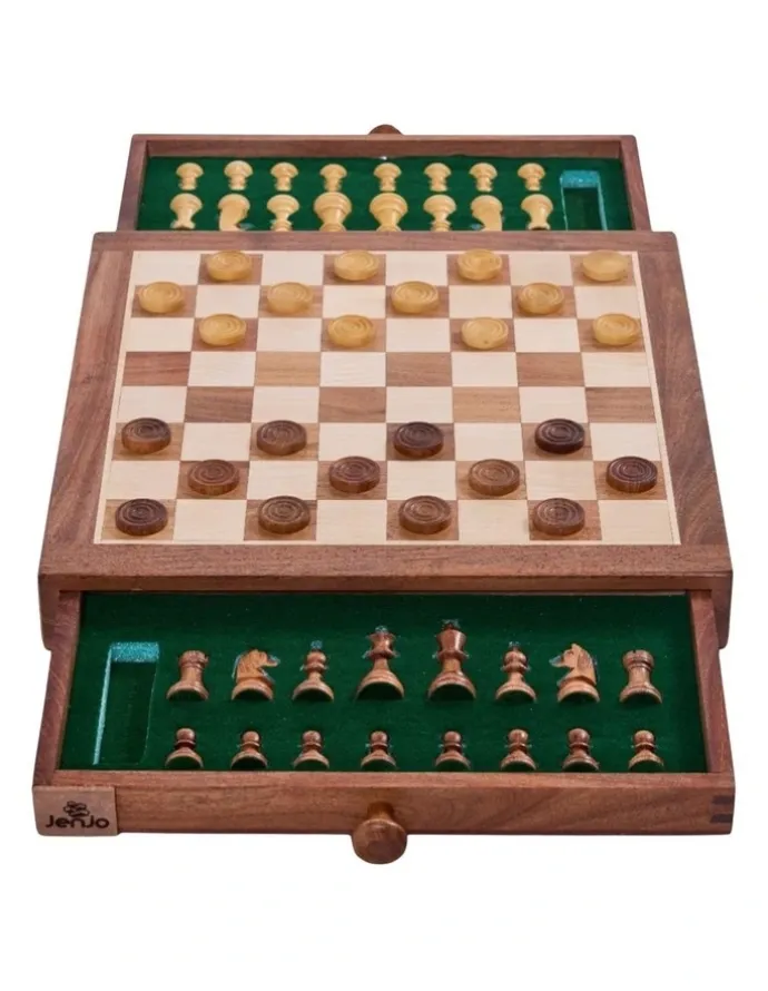 Jenjo Portable Carved Sheesham Chess And Checker Board Set