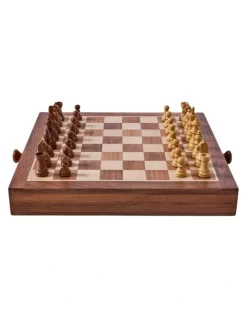 Jenjo Portable Carved Sheesham Chess And Checker Board Set