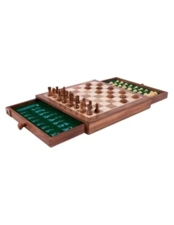 Jenjo Portable Carved Sheesham Chess And Checker Board Set