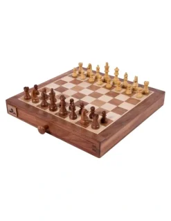 Jenjo Portable Carved Sheesham Chess And Checker Board Set