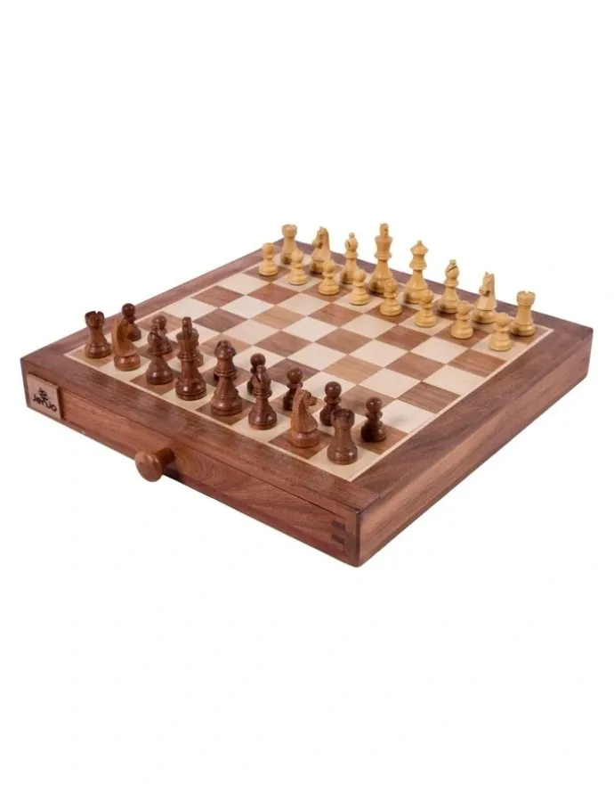 Jenjo Portable Carved Sheesham Chess And Checker Board Set