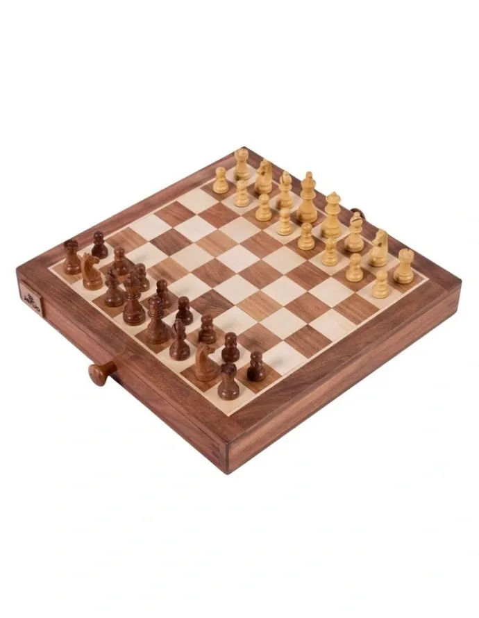 Jenjo Portable Carved Sheesham Chess And Checker Board Set