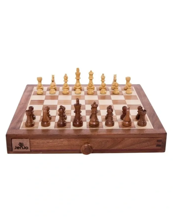 Jenjo Portable Carved Sheesham Chess And Checker Board Set