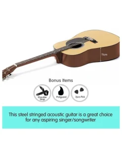 Karrera 38in Natural Acoustic Guitar With Pick Guard Steel String Bag