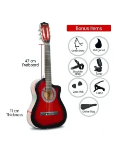 Karrera 38in Pro Acoustic Guitar Picks Tuner Stand Strings Bag Capo Strap Red