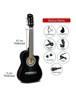 Karrera 38in Pro Black Acoustic Guitar With Picks Tuner Steel String Bag