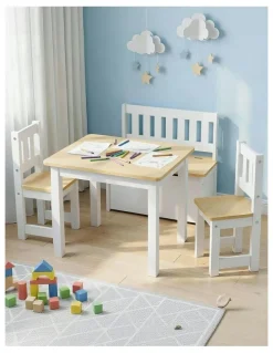 Keezi Activity Table & Storage Bench & Chair Set in Natural