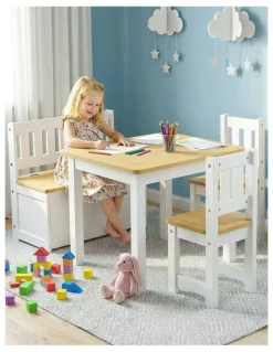 Keezi Activity Table & Storage Bench & Chair Set in Natural