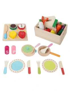 Keezi Kids Kitchen Play Set Wooden Pretend Toys Cooking Utensils Pots Pans Food