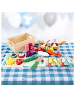 Keezi Kids Kitchen Play Set Wooden Pretend Toys Cooking Utensils Pots Pans Food