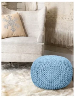 La Grace Home Braided Ottoman Pouffe in Blue