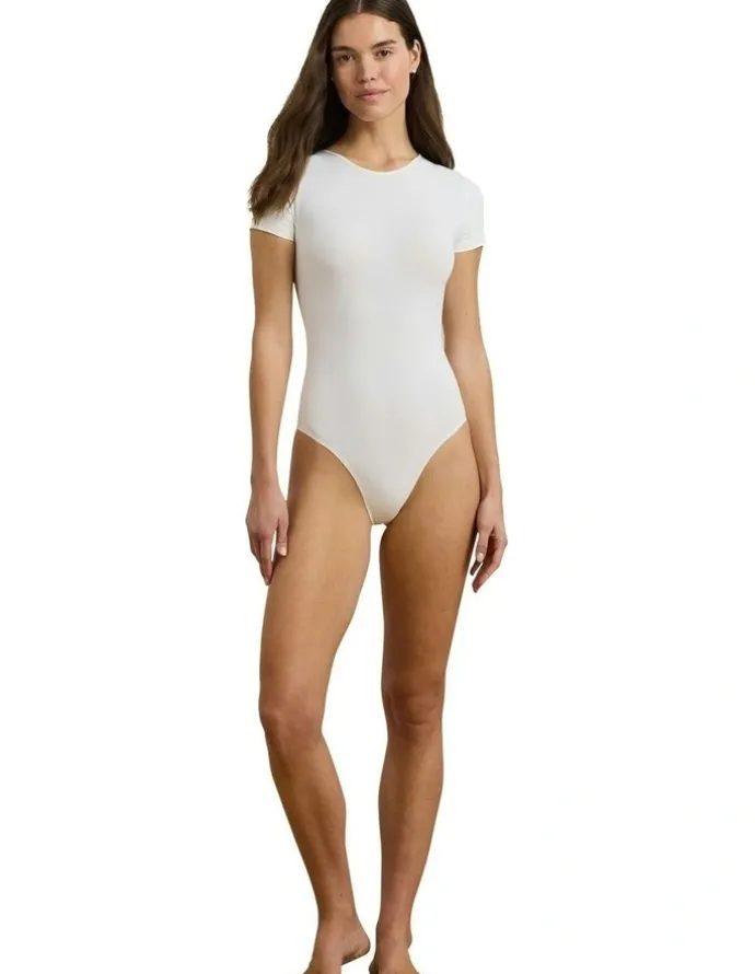 Lauren Ralph Lauren Luxe Smoothing Seamless Short Sleeve T-Shirt Bodysuit in Silk White