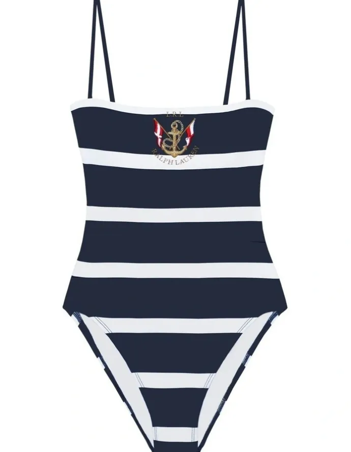 Lauren Ralph Lauren Mariner Stripe Embroidered Wirefree Padded Swimsuit in Dark Navy