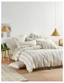 Linen House Vintage Stripe Washed Cotton Linen Quilt Cover Set in Natural