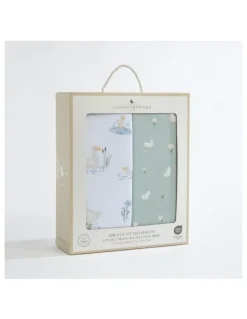 Living Textiles Organic Jersey Cot Fitted Sheets 2 Pack in White/Sage