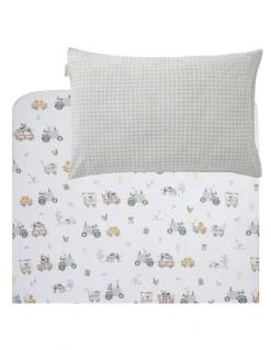 Living Textiles 1 Pack Port-a-Cot Sheet & Pillow Case Set- Tractor Ride in Beige