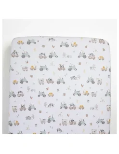 Living Textiles 1 Pack Port-a-Cot Sheet & Pillow Case Set- Tractor Ride in Beige