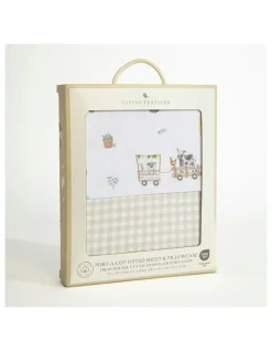 Living Textiles 1 Pack Port-a-Cot Sheet & Pillow Case Set- Tractor Ride in Beige