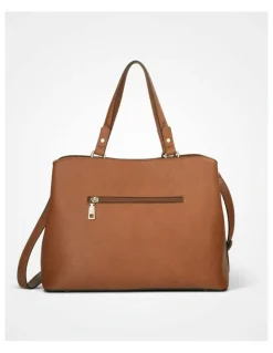 Madison Accessories Katherine Medium Satchel with 3 Compartments & Crossbody Strap Bag in Brown