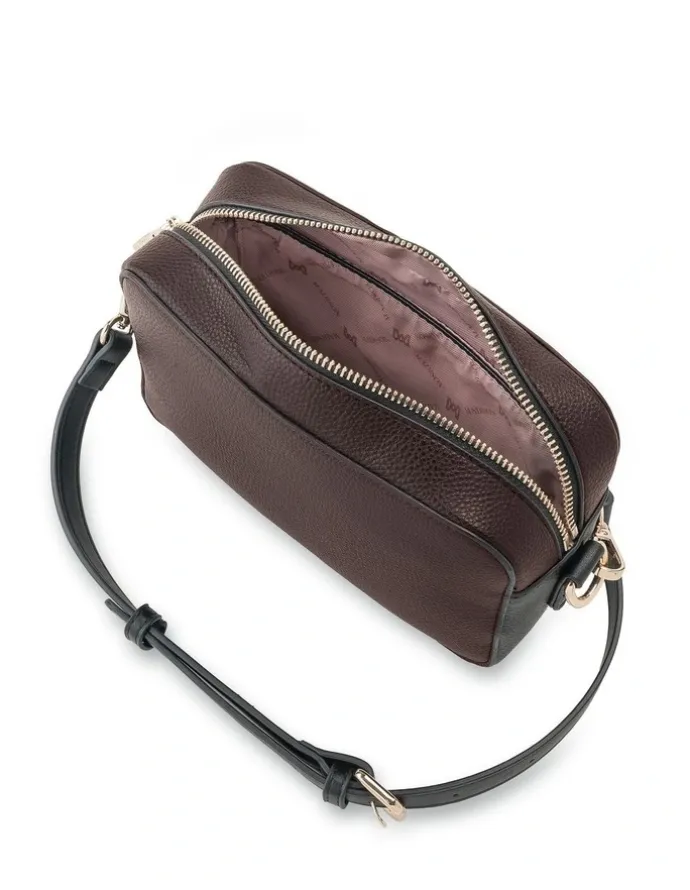 Madison Accessories Nina Zip Front Camera Crossbody Bag in Chocolate / Black