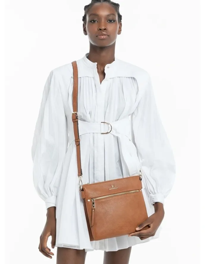 Madison Accessories Renee Zip Top 2 Compartment Crossbody Bag + Stripe Strap in Brown